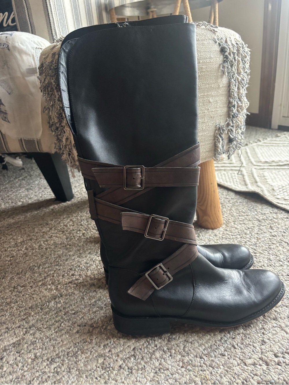 G.I.L.I. Black Leather Mid-Calf Boots with Brown Buckle Straps